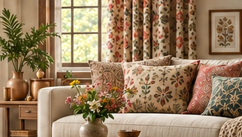 A warmly styled living room with layered textiles